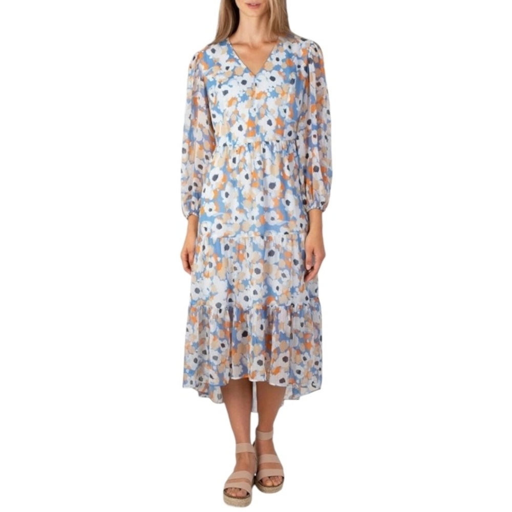 Joie Floral Field Blue Maxi Tiered V Neck Dress Orange Long Sleeve Cottagecore